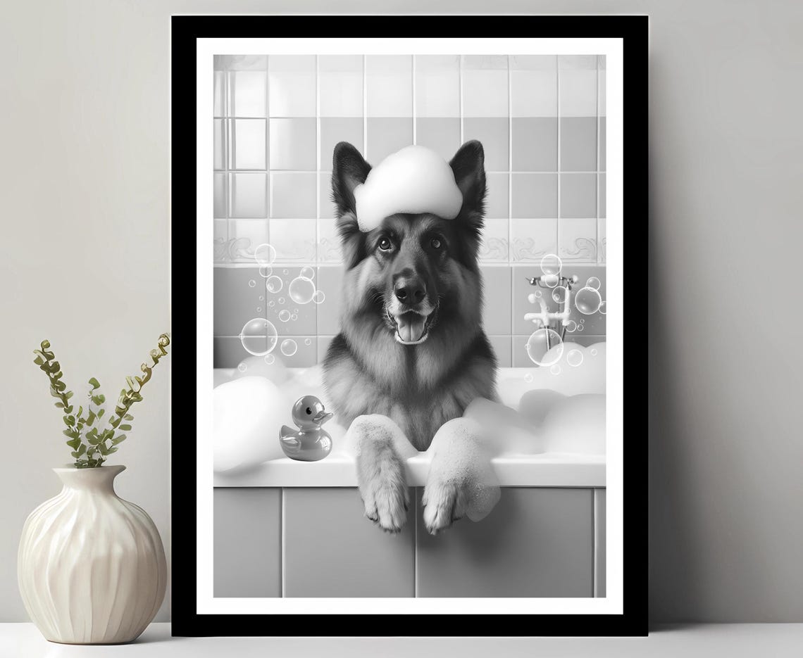 German Shepherd Bubble Bath Foam Hat Black White Funny Bathroom Poster
