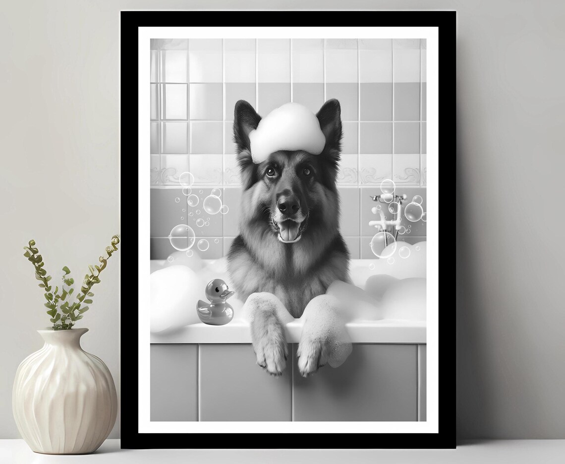 German Shepherd Wall Art Funny Bathroom Decor Pet Portrait Dog Gift In Bubble Bath
