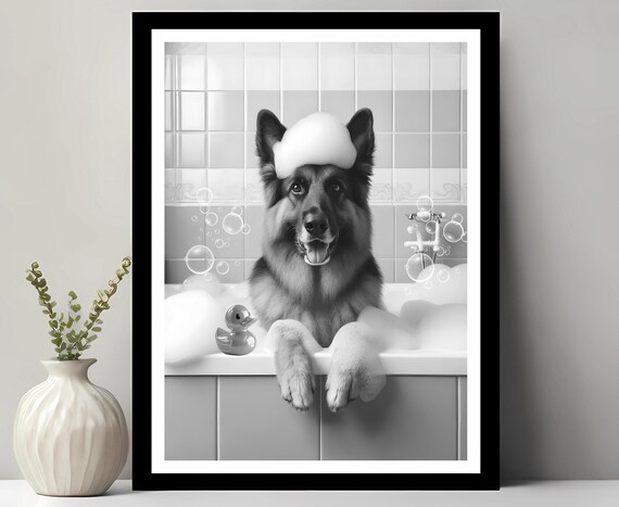 German Shepherd Wall Art Funny Bathroom Decor Pet Portrait Dog Gift In Bubble Bath