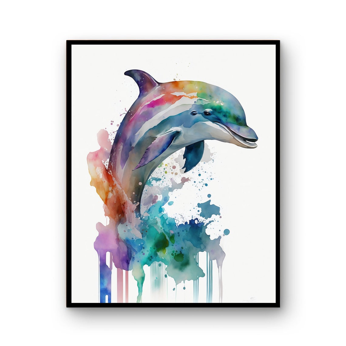 Colorful Watercolor Dolphin Jumping Rainbow Splash Animal Poster