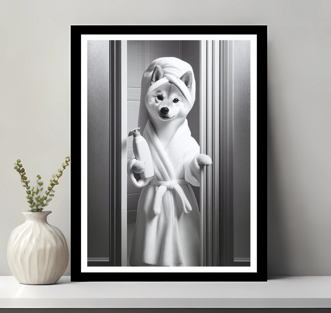 Shiba Inu Bathrobe Towel Head Shower Funny Black White Bathroom Poster