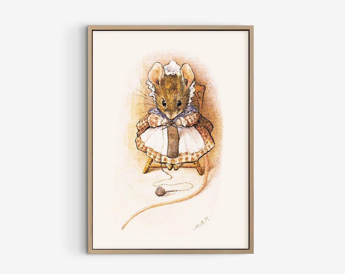Beatrix Potter Style Knitting Mouse Vintage Nursery Art Poster