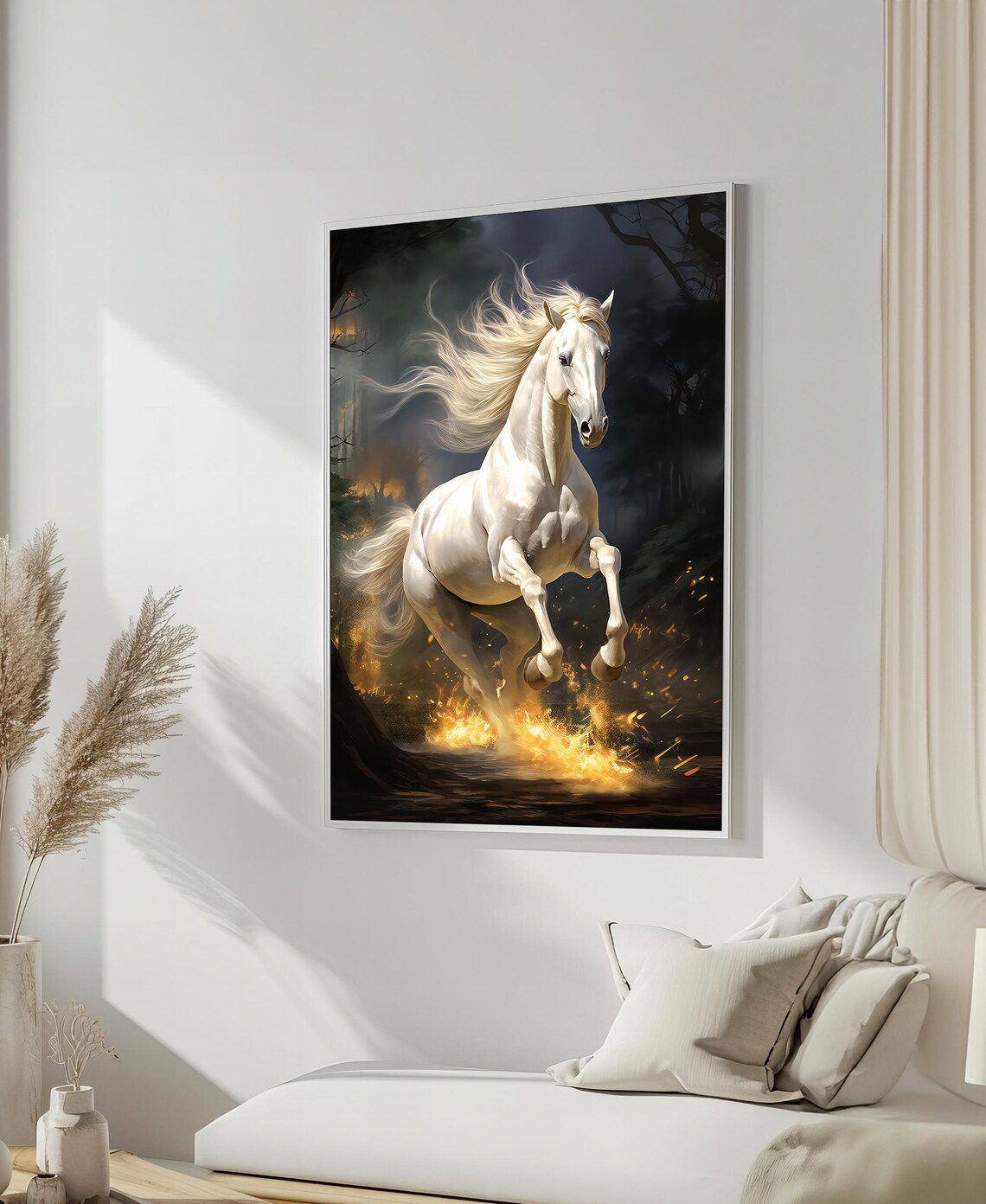 Fiery White Stallion, Dynamic Horse Portrait