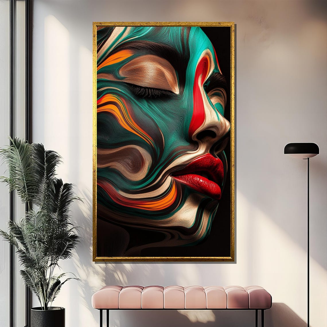 Abstract Woman Face in Marbled Swirls Teal Orange Modern Art Poster