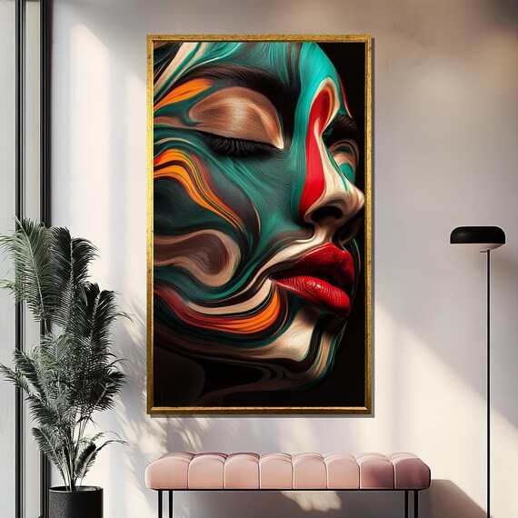 Abstract Woman Face in Marbled Swirls Teal Orange Modern Art Poster