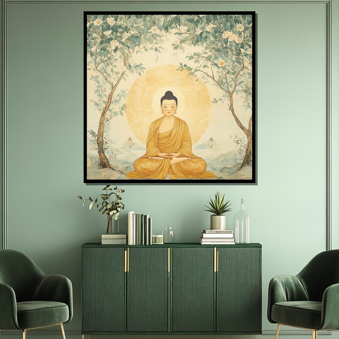 Meditating Buddha Under Flowering Trees Golden Zen Art Poster - Image 3