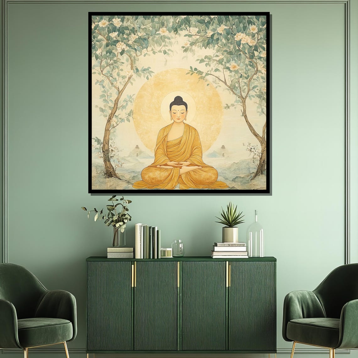 Tranquil Buddha Under Tree Painting Zen Wall Art Decor Spiritual Meditation Gift Nature Inspired Artwork Peaceful Home Decor - Image 3
