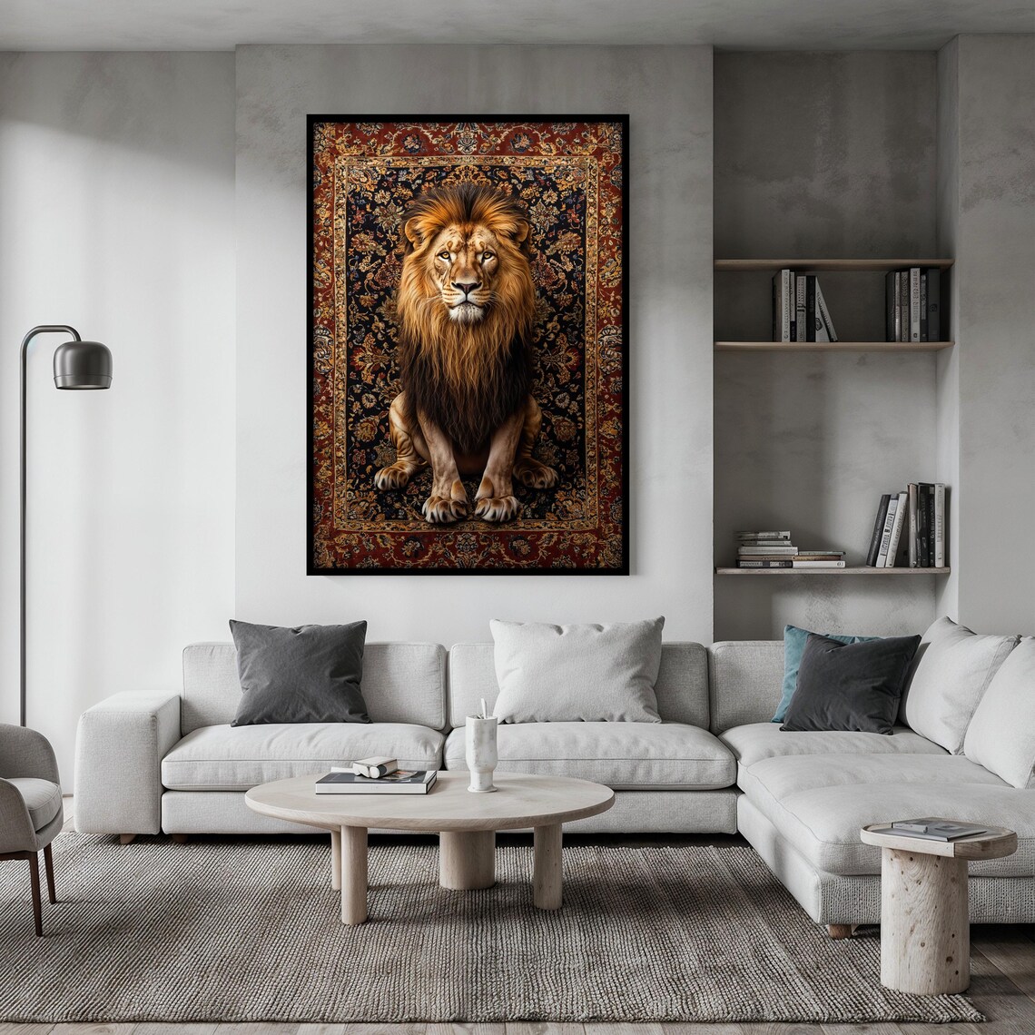 Regal Lion Sitting in State on a Dark Ornate Persian Rug Poster - Image 2