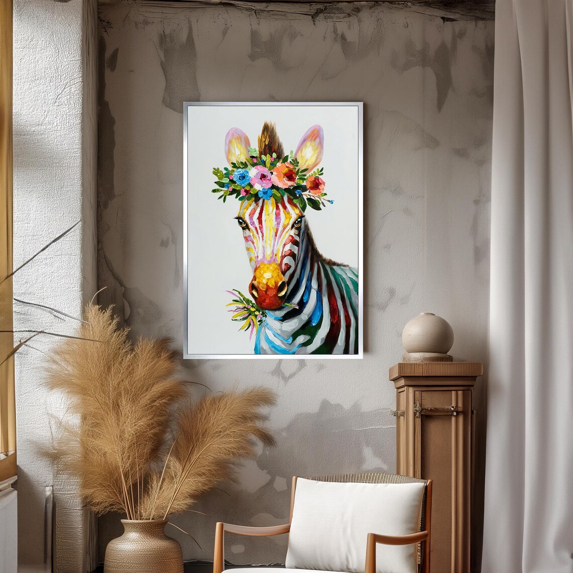 Colorful Zebra Wearing Floral Crown Whimsical Rainbow Animal Art Poster - Image 3