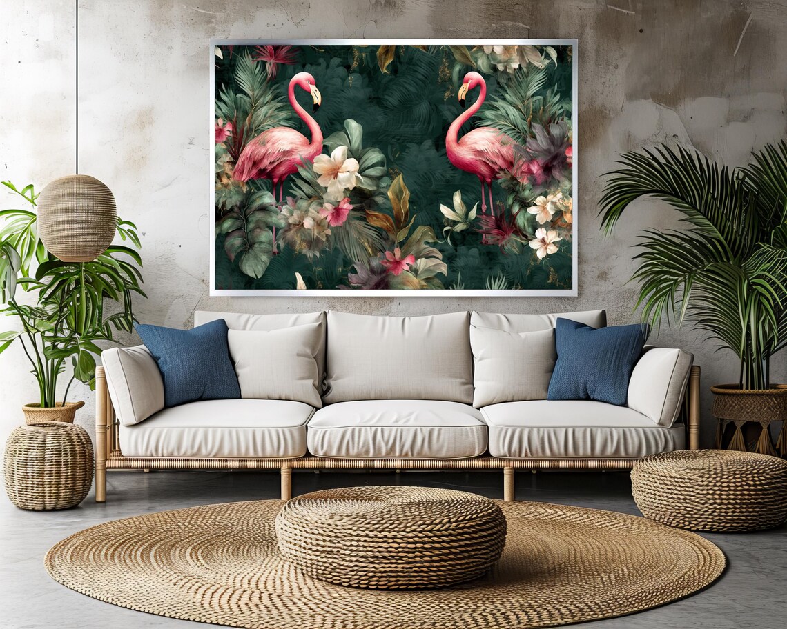 Pink Flamingos In Lush Tropical Jungle Exotic Painting Poster - Image 3