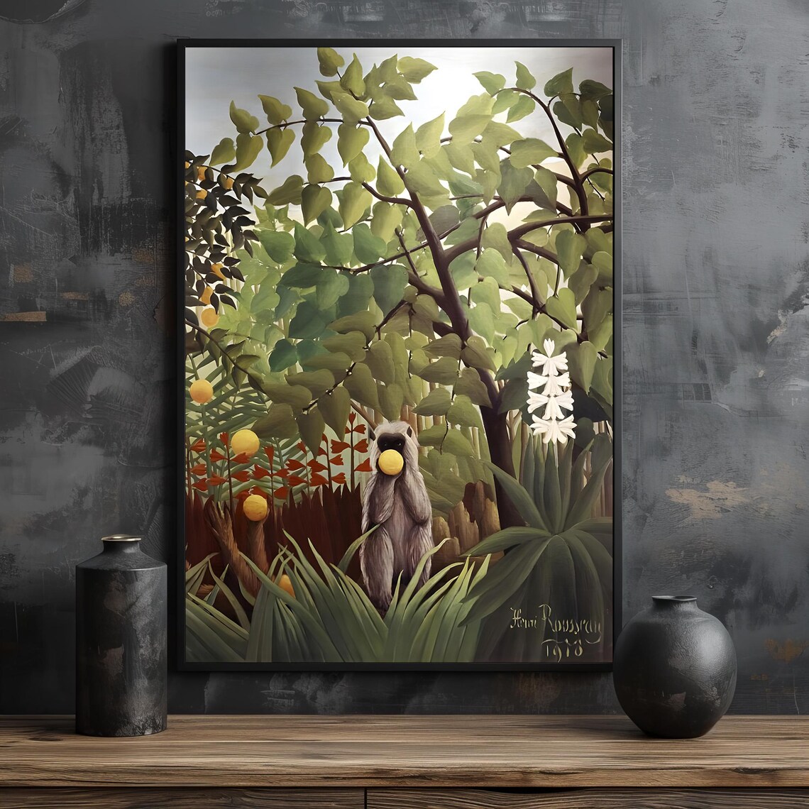 Henri Rousseau Style Lush Jungle Scene With A Monkey Eating Fruit Poster - Image 2
