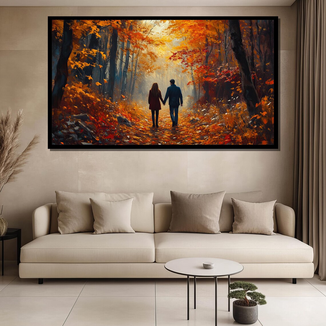 Couple Walking Golden Autumn Forest Path Fall Romance Art Poster - Image 3