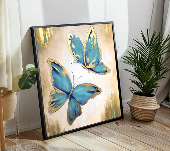 Elegant Blue And Gold Butterflies Painting Luxurious Animal Art Gift For Modern Home Or Office Decor