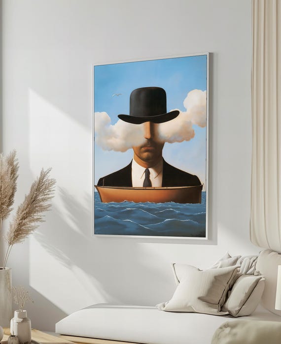 Ren Magritte Surrealist Painting Mysterious Man In A Bowler Hat With Clouds And Boat Modern Surrealism