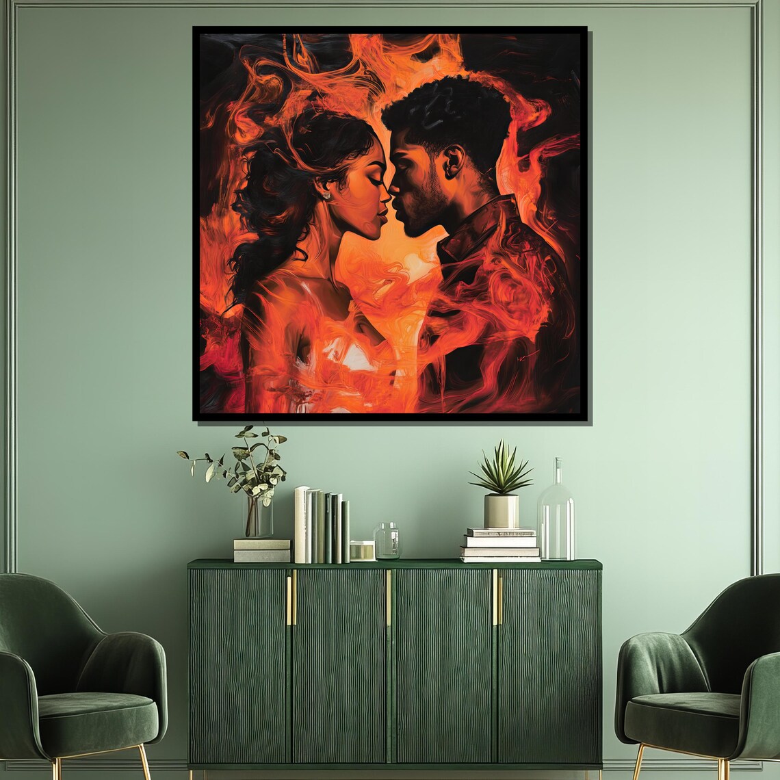 Fiery Passionate Couple Kiss in Orange Flames Bold Romance Poster - Image 3