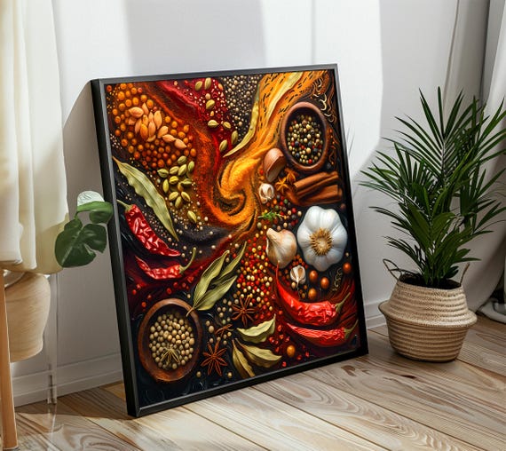 Spice Symphony Bold And Fiery Kitchen Painting With Vibrant Red Peppers Garlic And Aromatic Spices For A Flavorful Ambiance