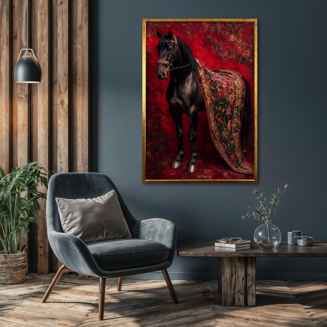 Black Horse Draped in Ornate Patterned Fabric on Deep Red Poster - Image 4