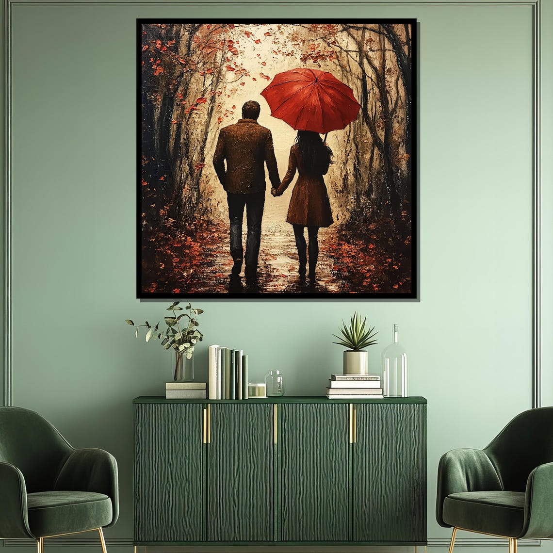 Couple Under Red Umbrella Autumn Forest Path Romantic Art Poster - Image 3