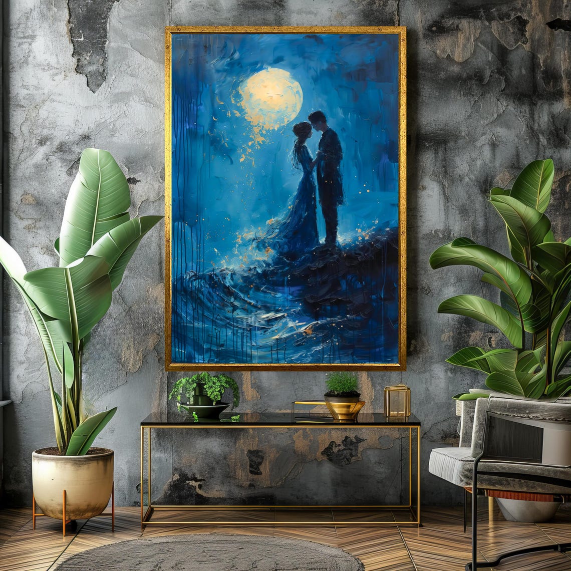 Moonlit Lovers By The Sea Romantic Blue Gold Silhouette Poster - Image 4