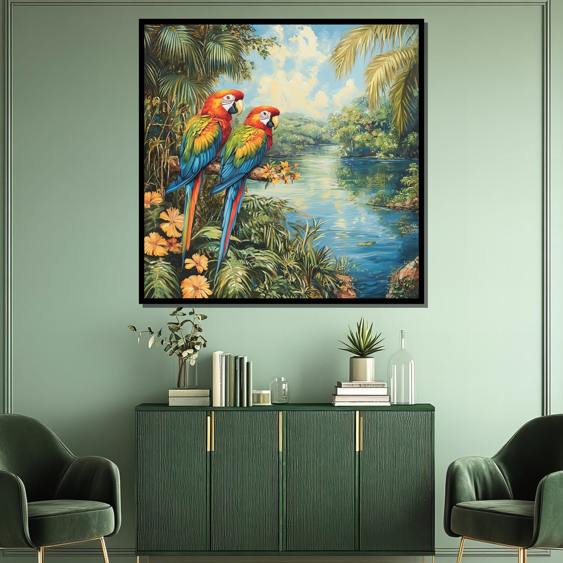Scarlet Macaw Parrots By Tropical River Jungle Scene Art Poster - Image 3