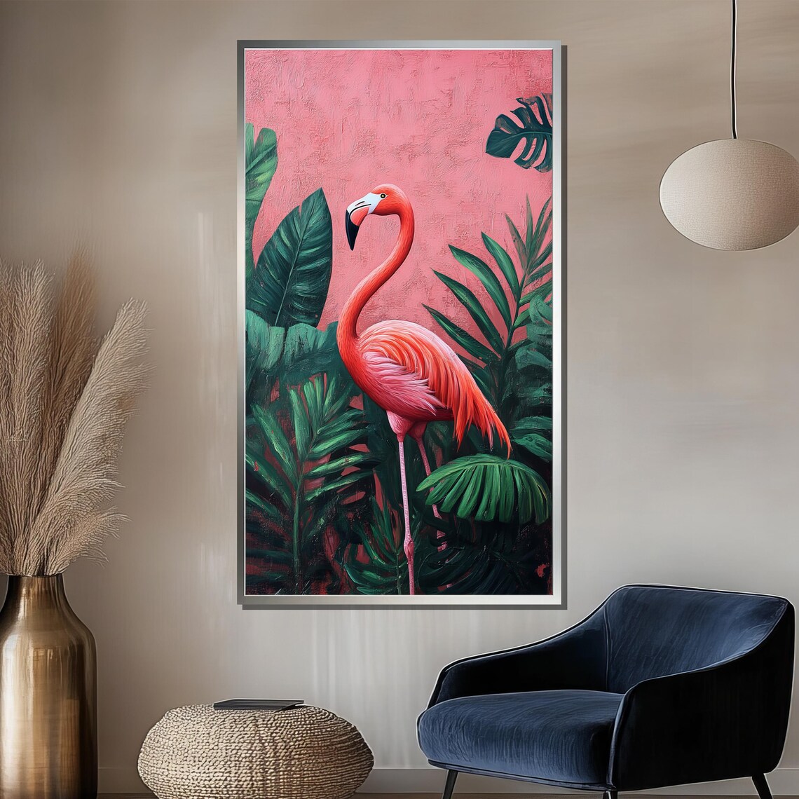 Pink Flamingo Among Tropical Palm Leaves Statement Art Poster - Image 2