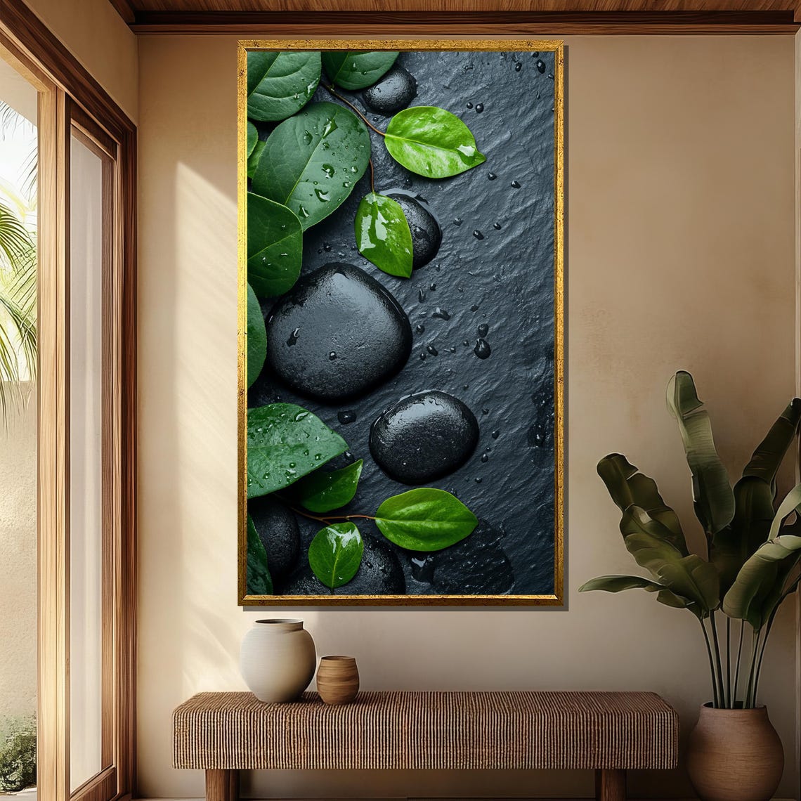 Black Spa Stones Green Leaves Water Droplets Zen Nature Poster - Image 4