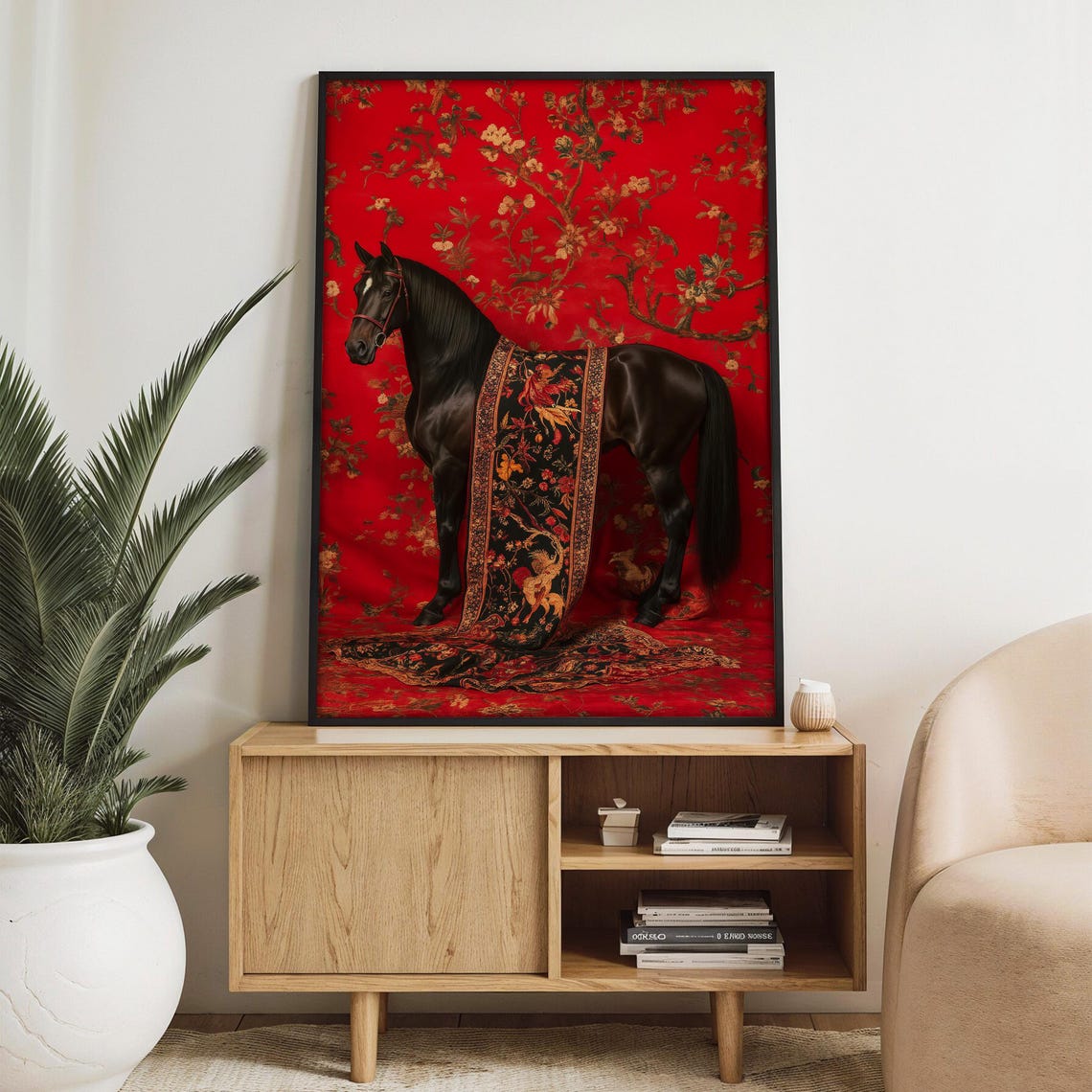 Black Horse Wearing an Embroidered Blanket on Red Floral Poster