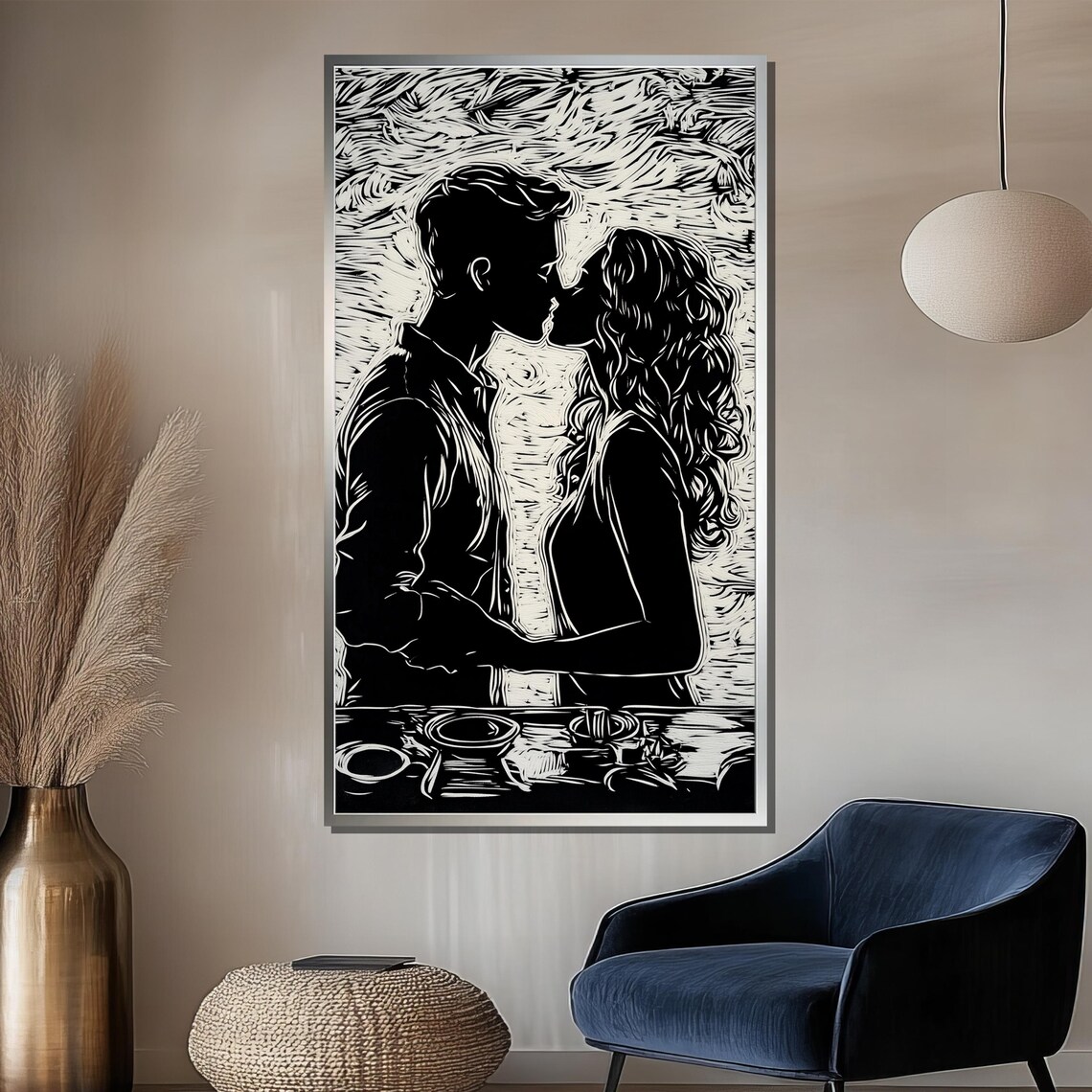 Kissing Couple Linocut Black and White Romantic Dinner Art Poster - Image 2