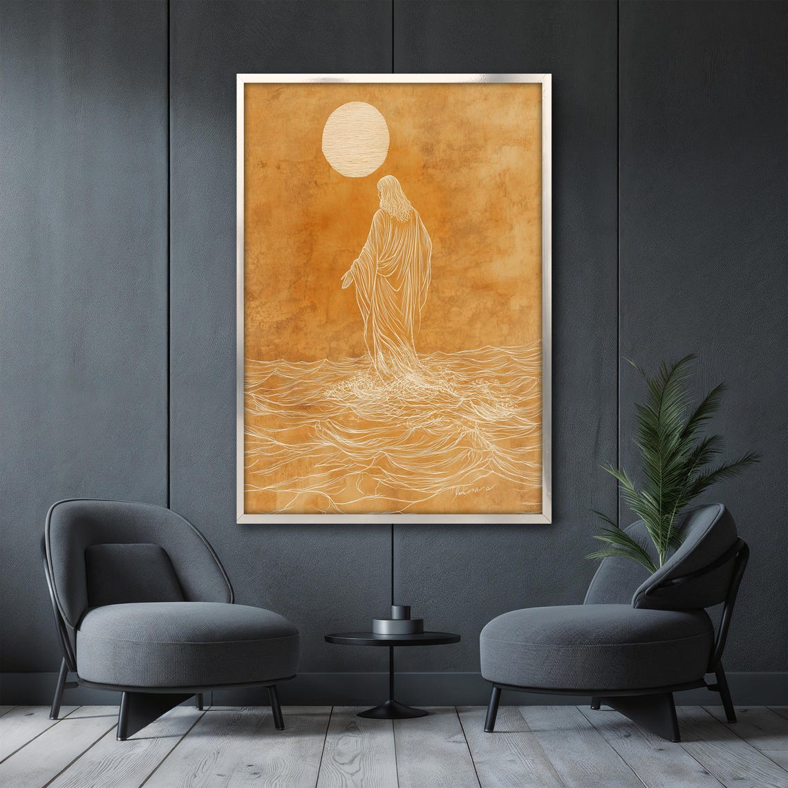 Jesus Walking on Water in Elegant Gold Minimalist Line Art Poster - Image 3