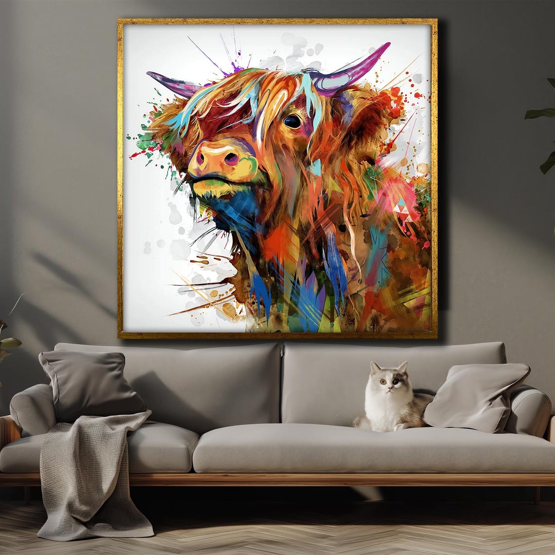Vibrant Abstract Highland Cow Head Splash Art Painting Style Poster - Image 4
