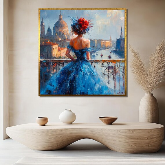 Venice Romance Painting Elegant Woman In Blue Dress Impressionist Cityscape Art Luxury Home Decor Gift