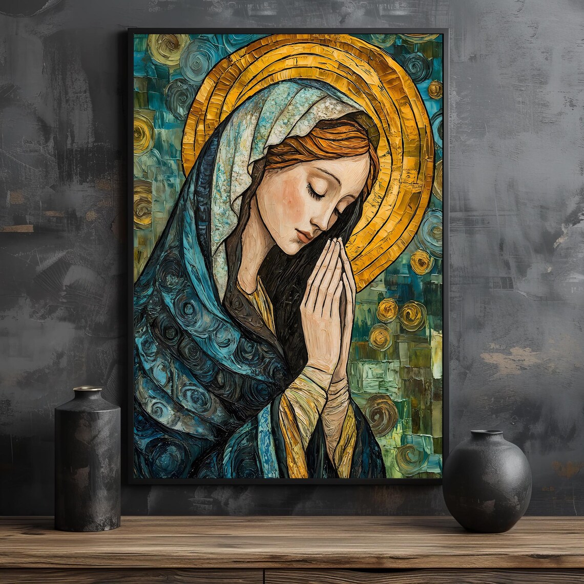 Byzantine Style Praying Virgin Mary In Blue And Gold Mosaic Colors Poster - Image 2