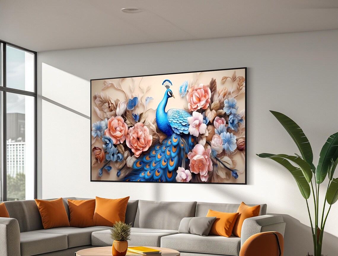 Elegant Blue Peacock With Blossom Floral Garden Decor Poster