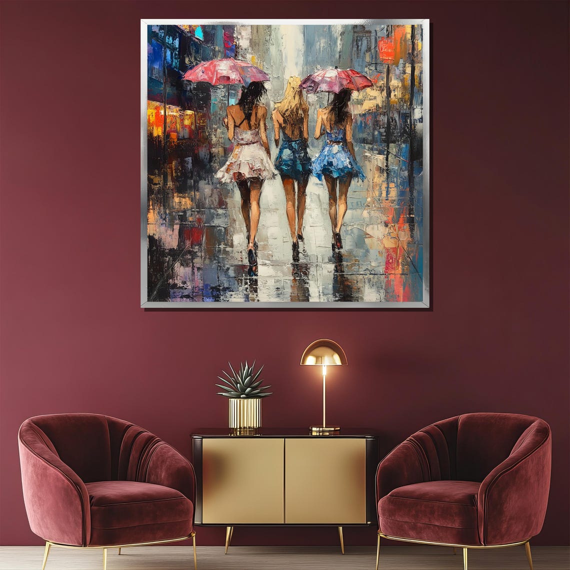 Three Women With Umbrellas Rainy Night City Street Scene Poster - Image 2