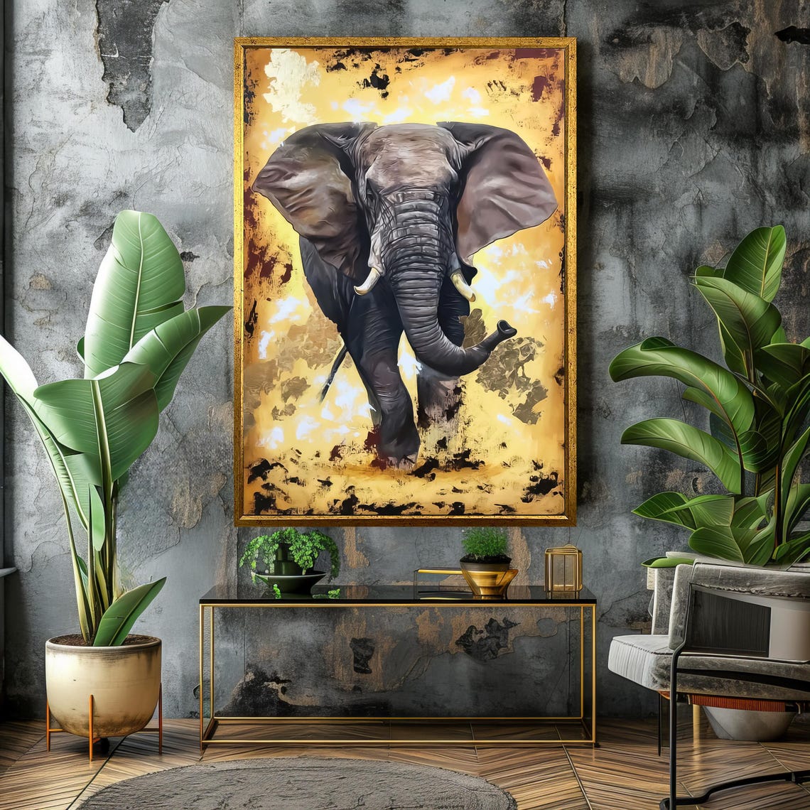 Charging African Elephant on a Golden Abstract Background Poster - Image 4