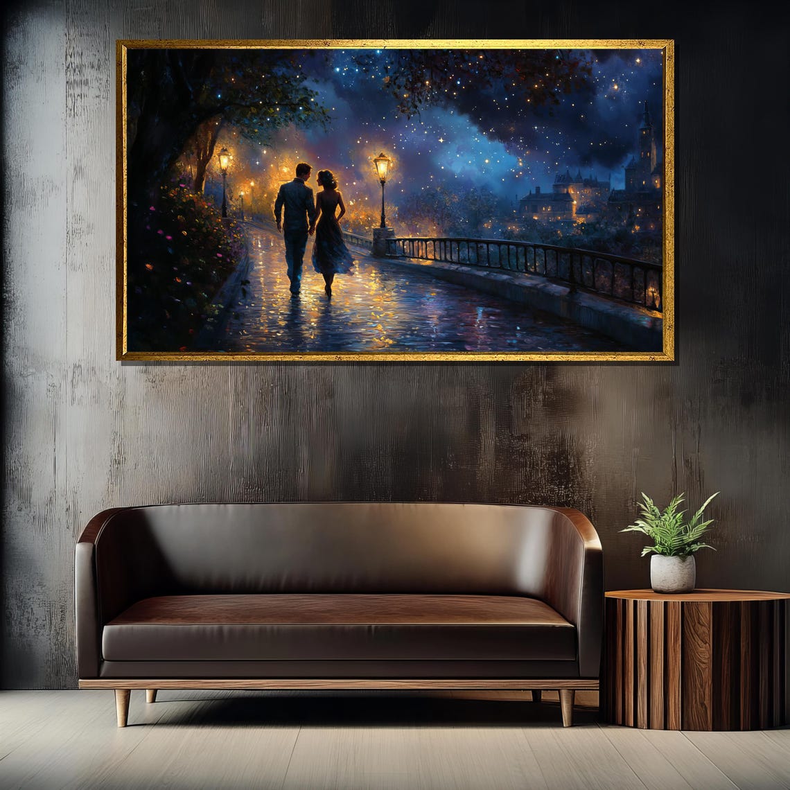 Couple Strolling Bridge Under Starry Night City Lights Poster - Image 4