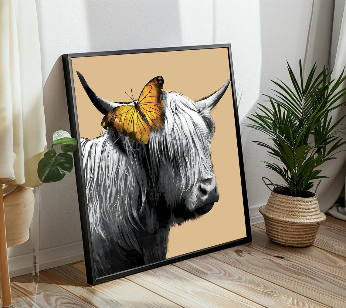 Highland Cow with Golden Butterfly on Horn Tan Style Art Poster