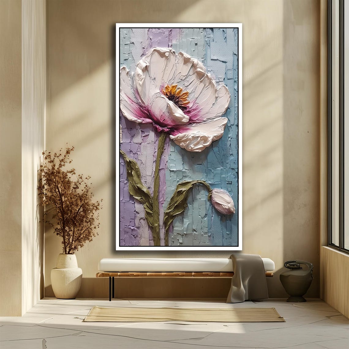 Elegant White Flower Impasto Oil Painting on Pastel Blue Poster - Image 2