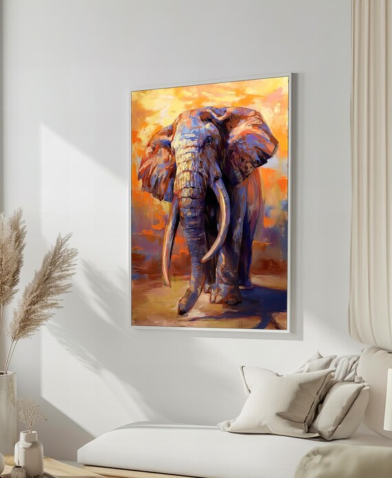 Elephant Bathed in Warm Sunset Hues Painting Poster For Living Room Decor