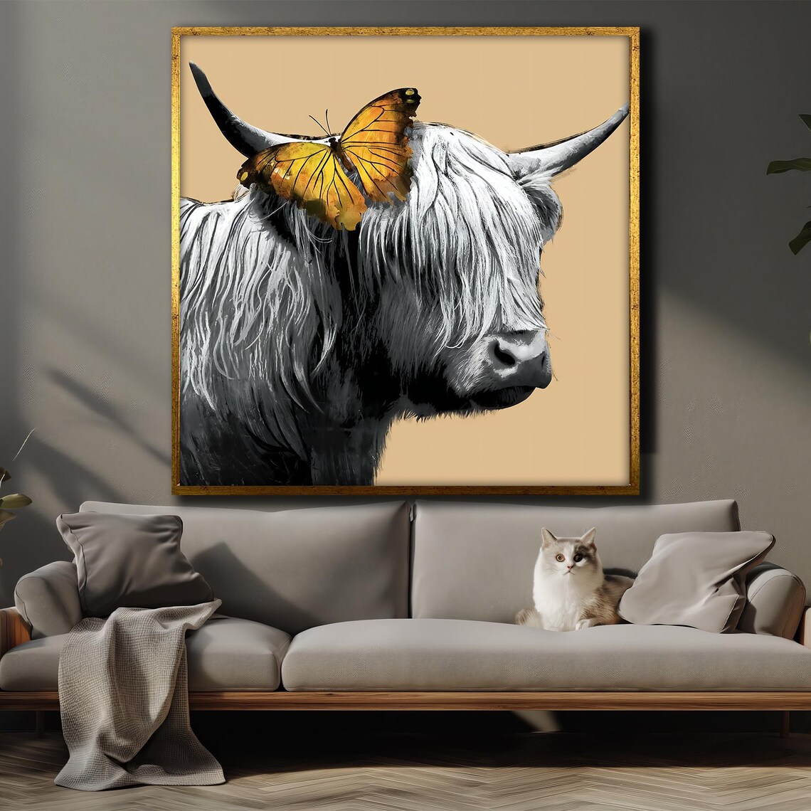 Highland Cow with Golden Butterfly on Horn Tan Style Art Poster - Image 4