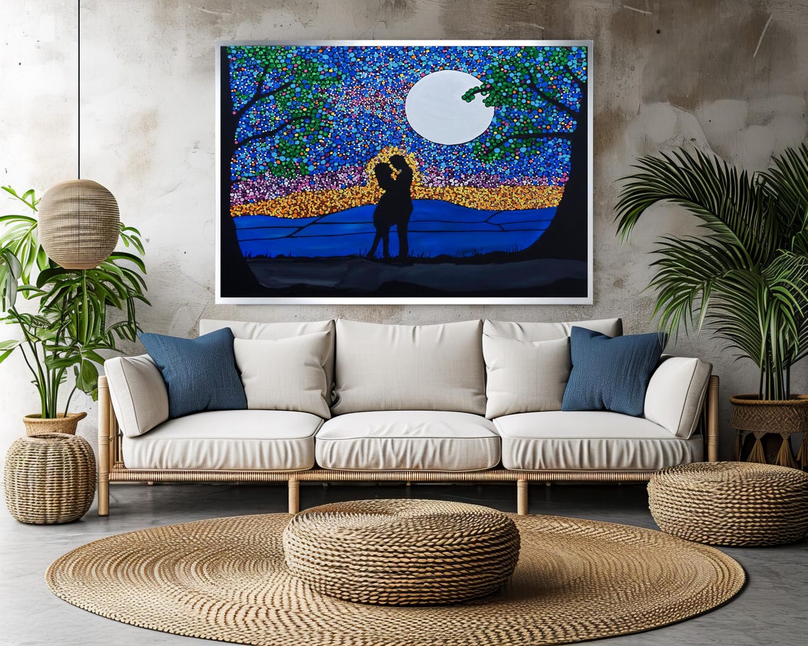 Moonlit Couple Silhouette Under Starry Night Sky Pointillist Poster - Image 3