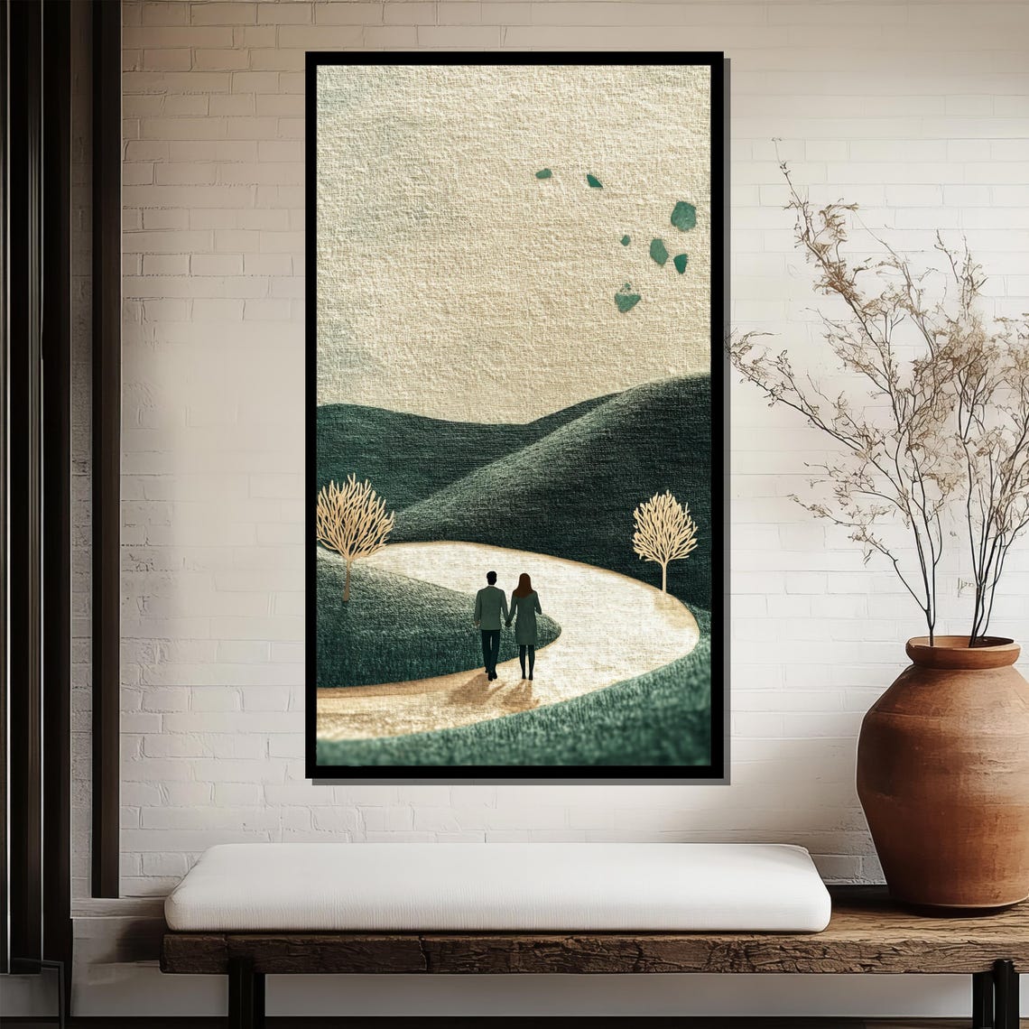 Minimalist Couple Walking Rolling Hills Path Modern Romance Poster - Image 3