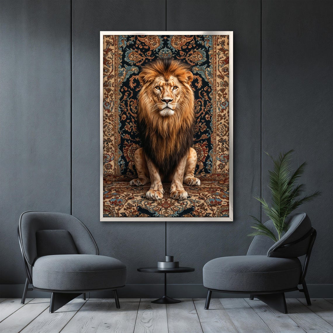 Lion Sitting Tall and Forward on a Blue and Black Ornate Rug Poster - Image 3