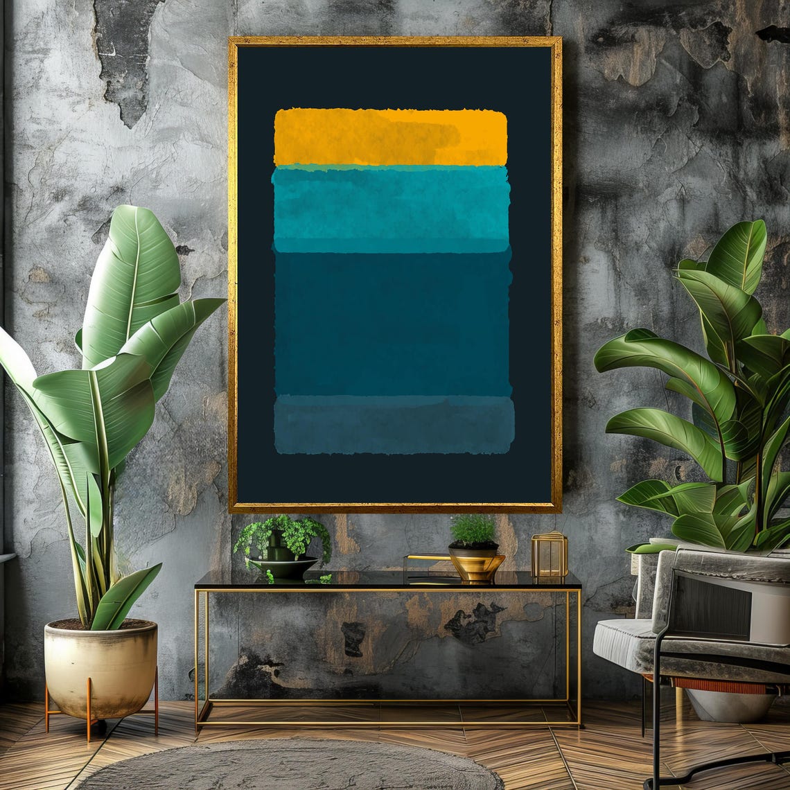 Mark Rothko Style Yellow And Teal Blocks On Black Art Poster - Image 4