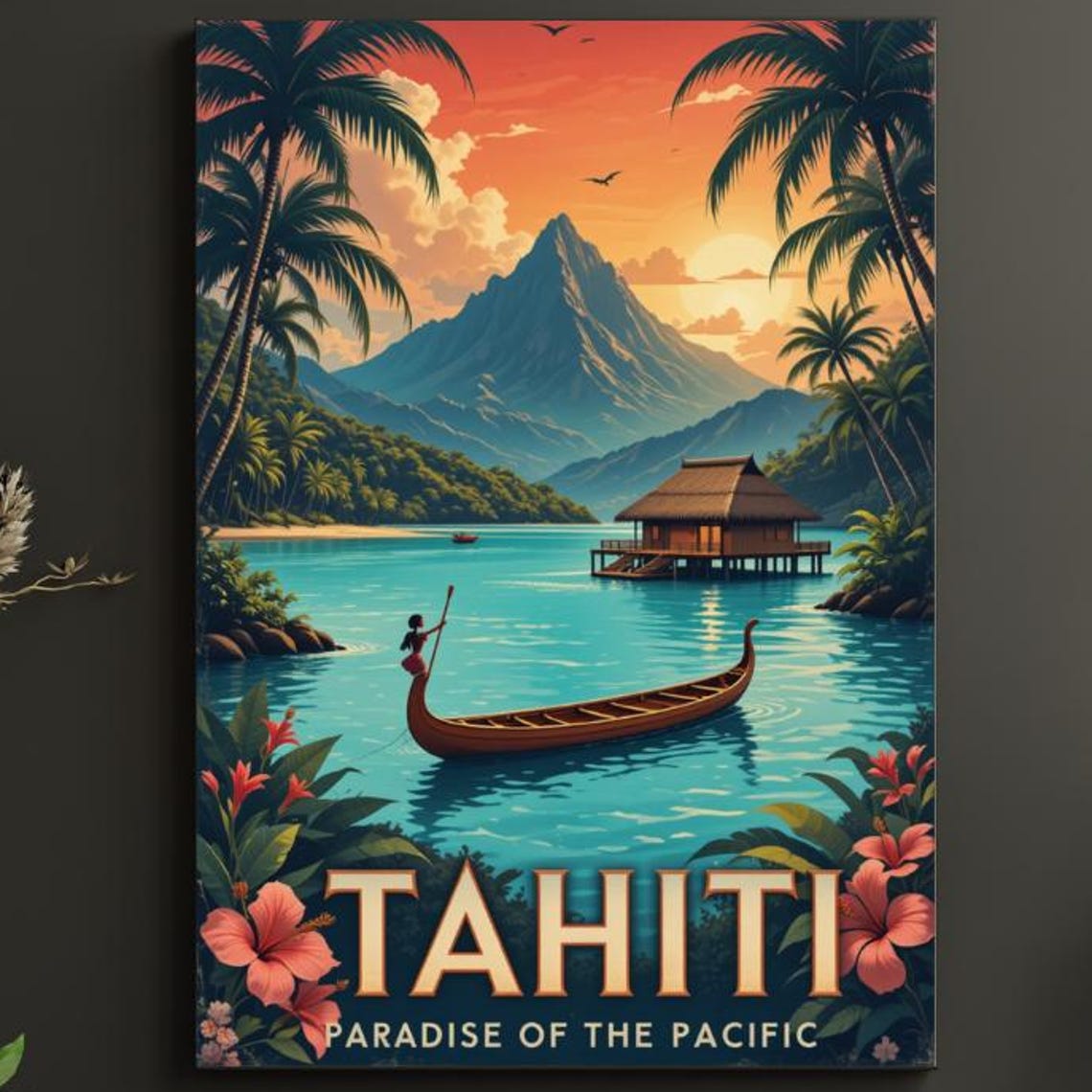 Tahiti Paradise of the Pacific Canoe Lagoon Sunset Vintage Poster