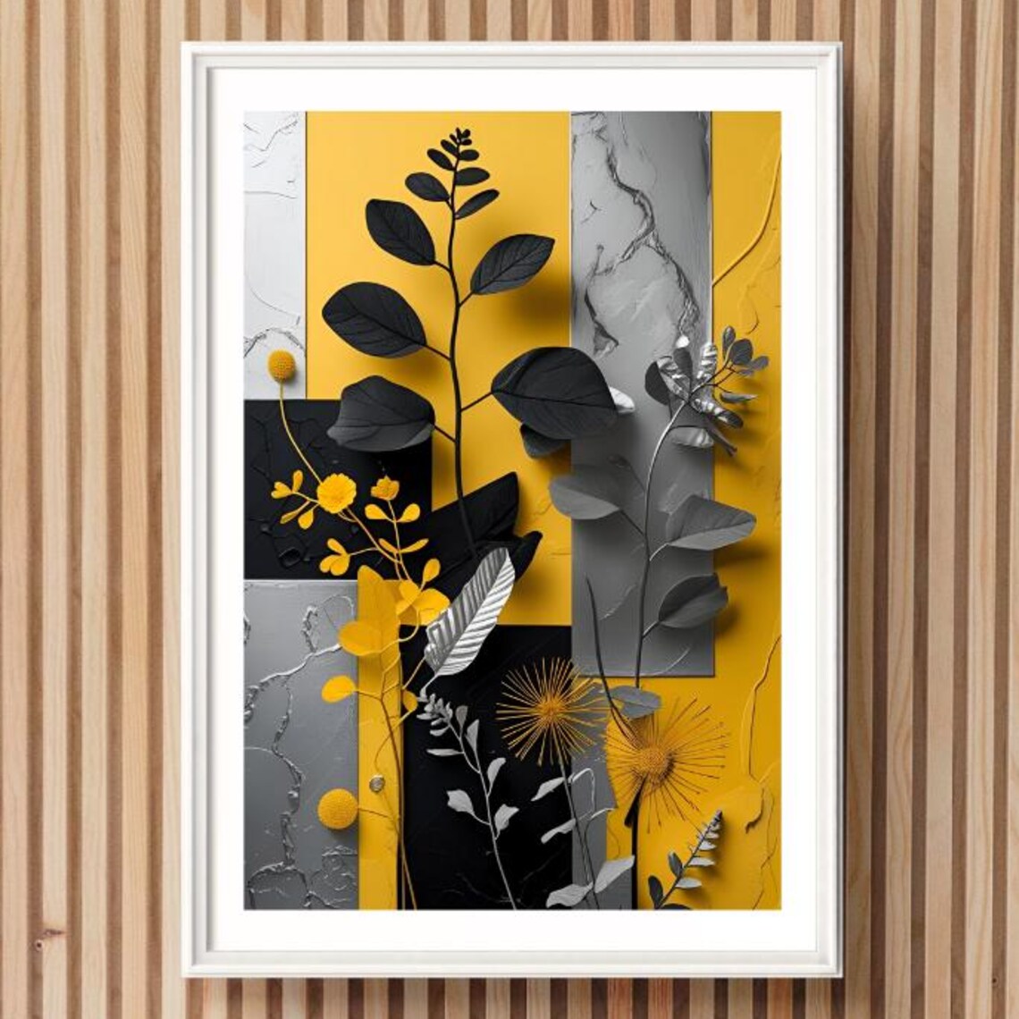 Mustard Yellow Grey Black Botanical Abstract Poster Modern Floral Art