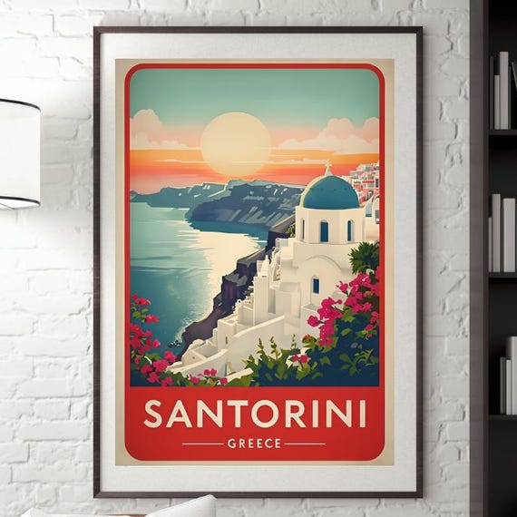 Santorini Travel Poster, Greek Holiday Travel Poster