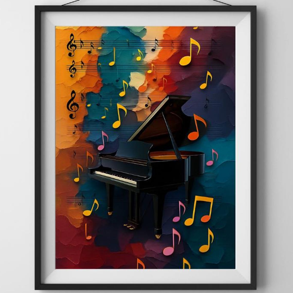 Grand Piano with Floating Music Notes Oil Paint Style Art Poster