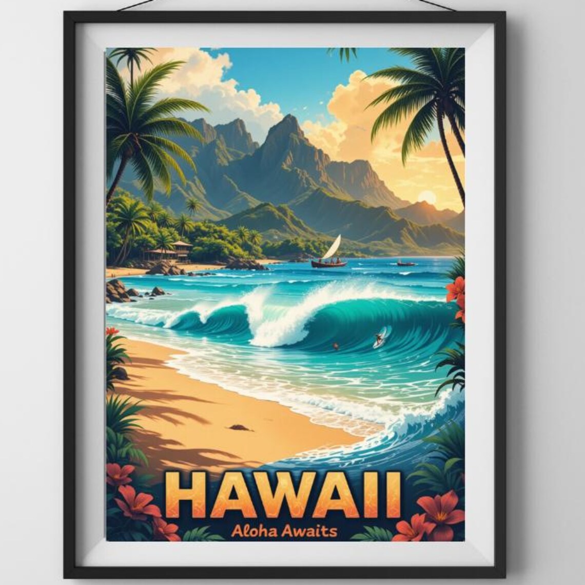 Hawaii Aloha Awaits Surf Waves Beach Palms Sunset Vintage Poster