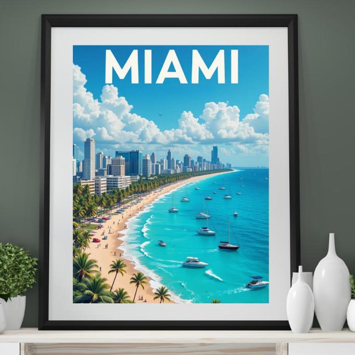 Miami Beach Skyline Palm Trees Turquoise Sea Florida Scene Poster